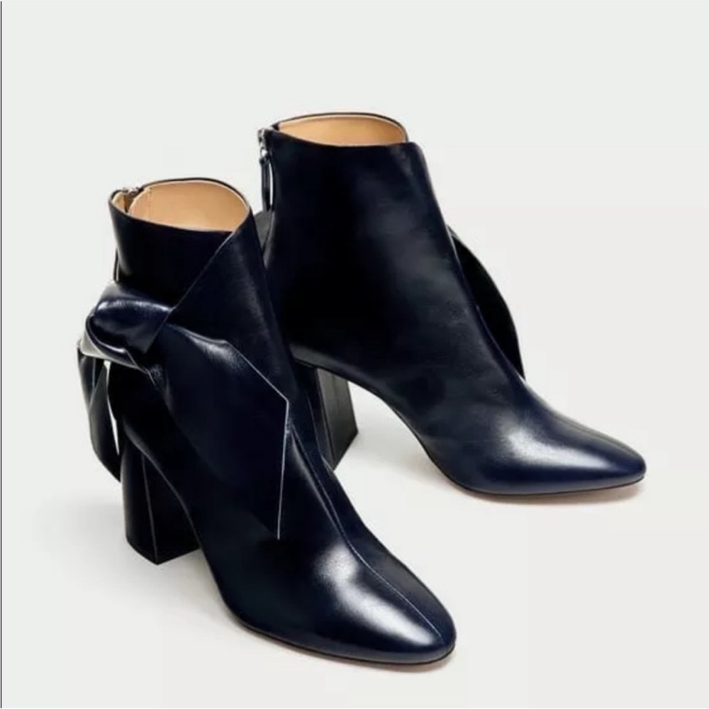 Zara Navy Leather high heeled ankle boots with bow